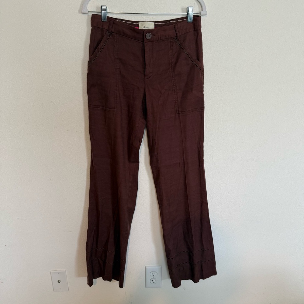 Elevenses Dark Brown Linen Blend Pant Flare Leg Size 4 Embroidered Mid Rise FLAW